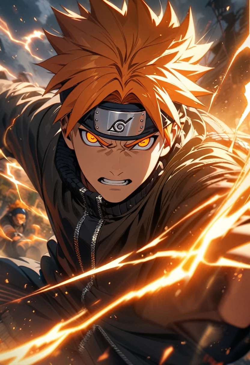 absurdres, highres, ultra detailed, HDR, masterpiece, extremely detailed face and eyes,Naruto uzumaki,orange hair , , solo, man, handsome, ,, , Epic fight scene, orange lightning effect, glowing glitters