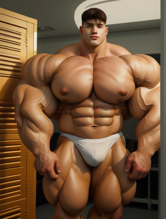 1boy, giant, model shoot style, staring, illuminating light, golden hour, outdoor, strong body, bulk, large size, standing, in the locker room, white triangular underwear, prominent bulge, big, brutalmass, giant, muscular body, bulk, massive body, large meaty body size