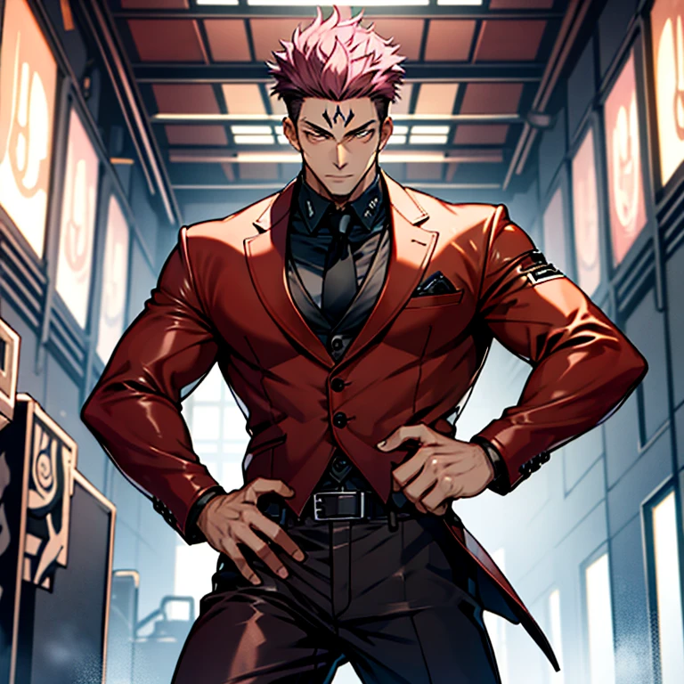 (masterpiece, best quality: 1.2), Solo, nsfw, male focus, 1boy, sukuna, tattoo_On_his_face, male, full bodyesbian, Red Leather jacket, Black Leather shirt, Leather pants, Leather waistcoat, Black Leather tie, Leather Glove, Bulging muscles, A pink-haired, cow boy shot, 8K, super detailing, hands in a pocket, tight leather suit, inside the house,