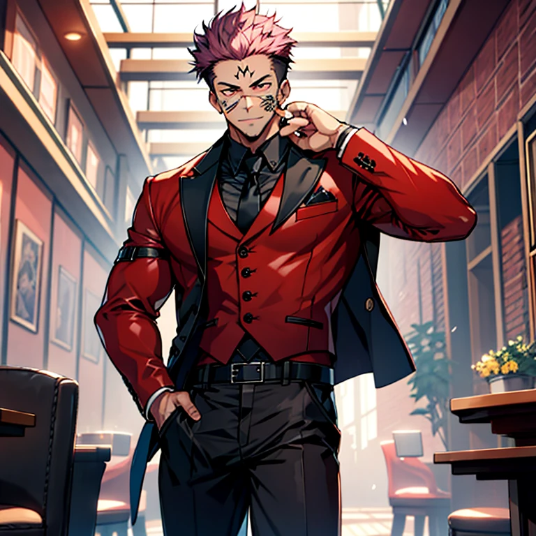 (masterpiece, best quality: 1.2), Solo, nsfw, male focus, 1boy, sukuna, tattoo_On_his_face, male, full bodyesbian, Red Leather jacket, Black Leather shirt, Leather pants, Leather waistcoat, Black Leather tie, Leather Glove, Bulging muscles, A pink-haired, cow boy shot, 8K, super detailing, hands in a pocket, tight leather suit, inside the house,