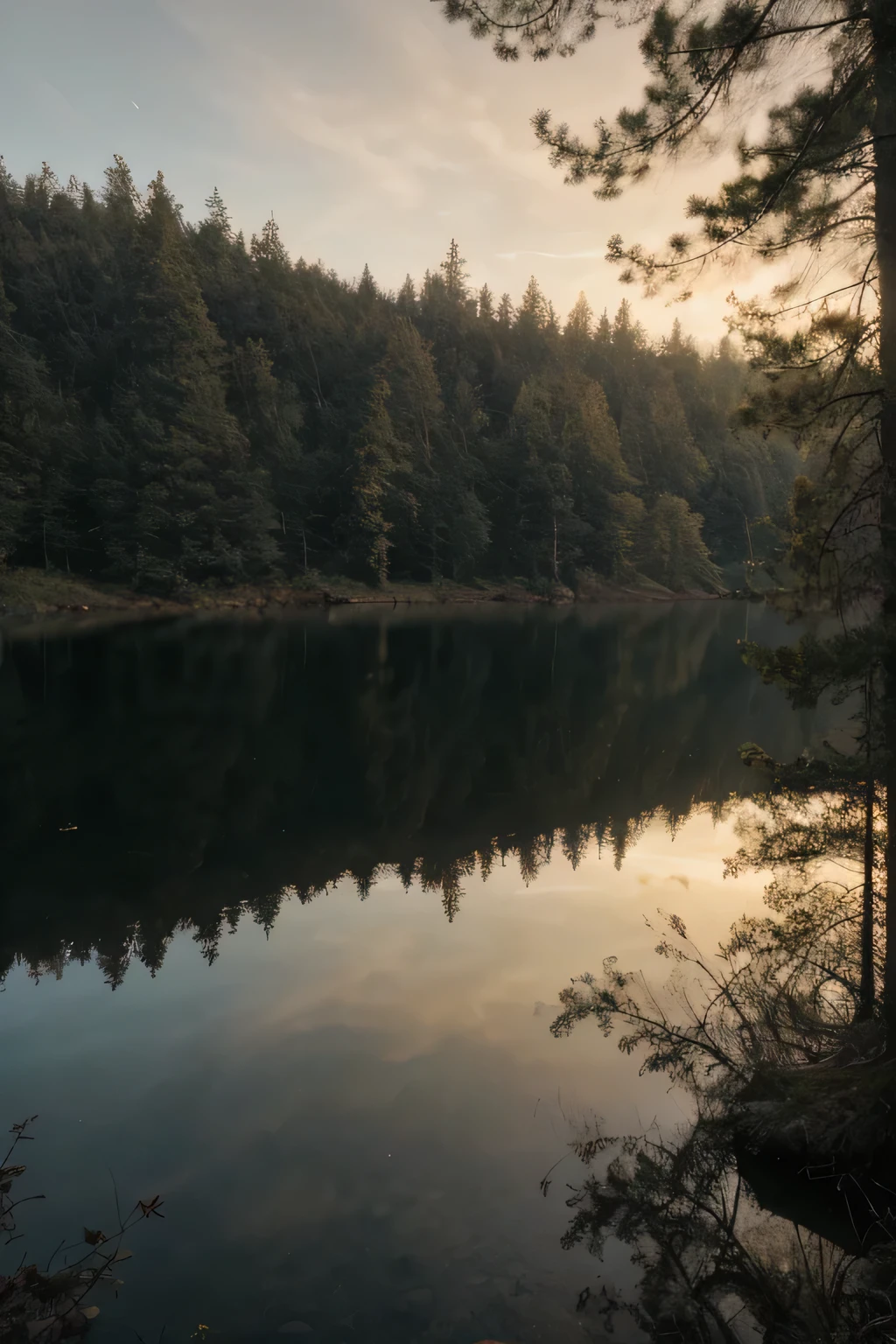 (a viewpoint from a lake, amber colored water,two giants in the sky having a tea party,sugar and honey raining down on the lake,pacific northwestern trees on the shore),(photorealistic,ultra-detailed,8k,highly detailed,masterpiece:1.2),(atmospheric,dramatic lighting,cinematic,moody),(fantasy,surreal,whimsical,magical realism),(warm colors,vibrant colors,soft lighting)