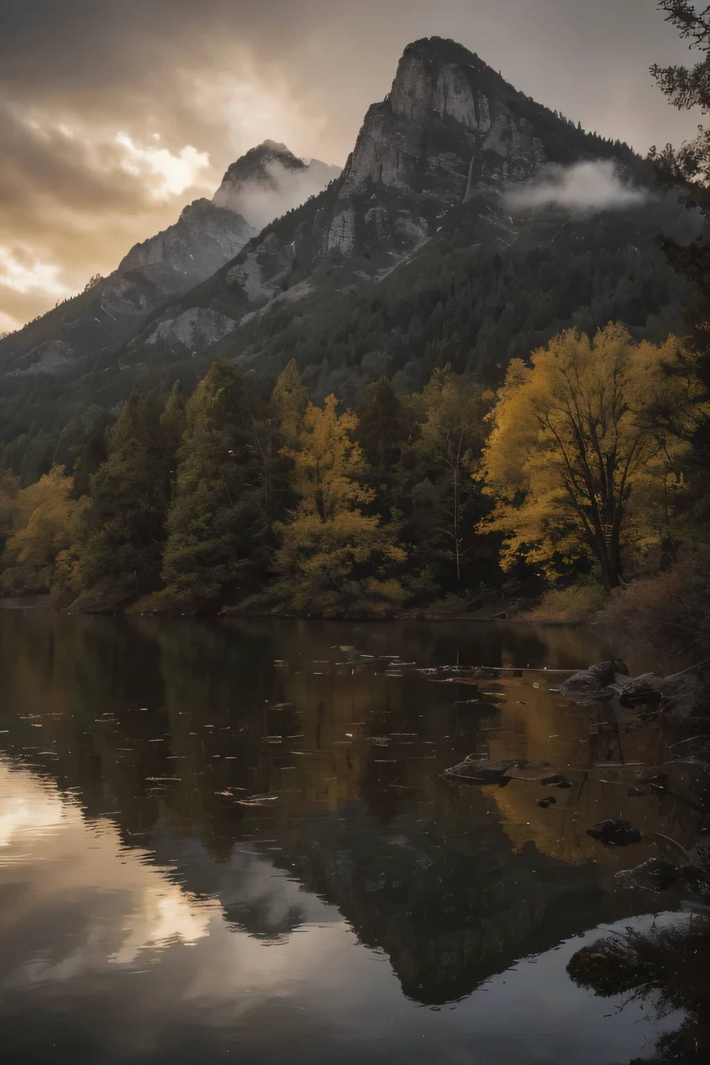(a viewpoint from a lake, amber colored water,two giants in the sky having a tea party,sugar and honey raining down on the lake,pacific northwestern trees on the shore),(photorealistic,ultra-detailed,8k,highly detailed,masterpiece:1.2),(atmospheric,dramatic lighting,cinematic,moody),(fantasy,surreal,whimsical,magical realism),(warm colors,vibrant colors,soft lighting)