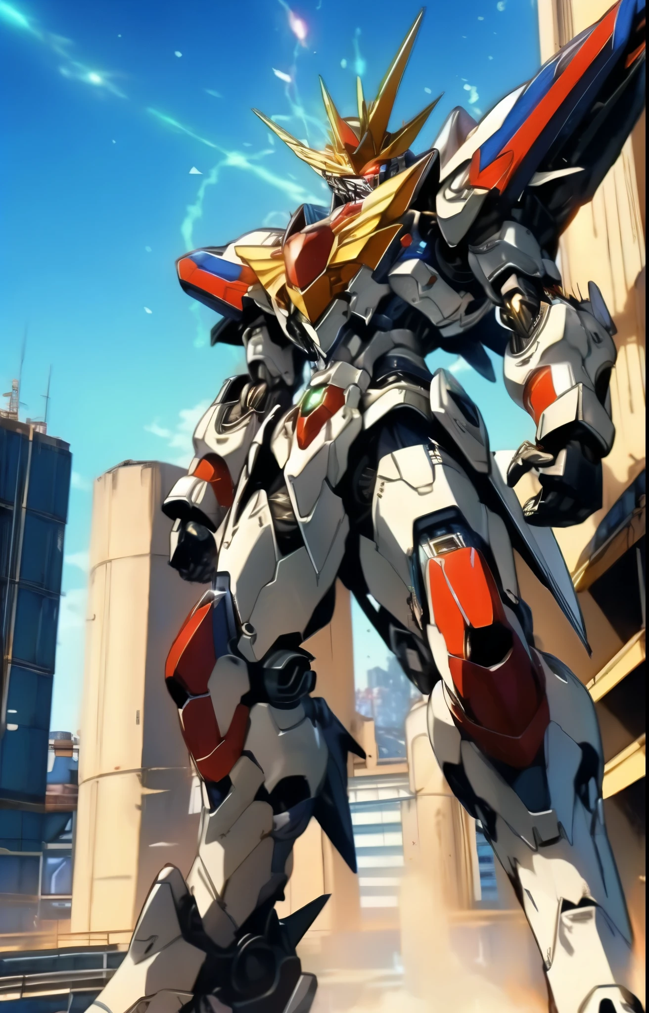 Humanoid Mecha, fully enclosed shoulder guards, matching arm and leg guards, full body, full armor, the design balances heavy with agility, (the color scheme is primarily white with red and blue accents, the concept Inspired by Super robot, organic biotech armor, standing, floating high above the futuristic sci-fi city), exquisite and mature art style, (aura effect, energy, glowing eyes, the armor glows), ((SRS)), metallic, dynamic, dramatic, high definition, best quality, highres, ultra-detailed, ultra-fine painting, extremely delicate, professional, perfect body proportions, anatomically correct, symmetrical face, extremely detailed eyes and face, high quality eyes, creativity, RAW photo, UHD, 32k, Natural light, cinematic lighting, masterpiece-anatomy-perfect, masterpiece:1.5