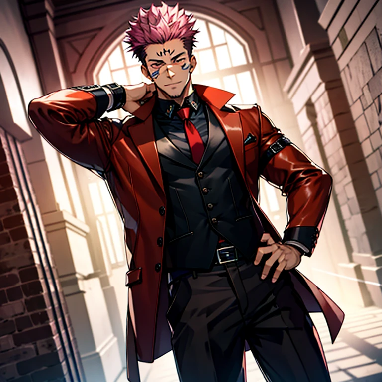 (masterpiece, best quality: 1.2), Solo, nsfw, male focus, 1boy, sukuna, tattoo_On_his_face, male, full bodyesbian, Red Leather jacket, Black Leather shirt, Leather pants, Leather waistcoat, Black Leather tie, Leather Glove, Bulging muscles, A pink-haired, cow boy shot, 8K, super detailing, hands in a pocket, tight leather suit, inside the house,