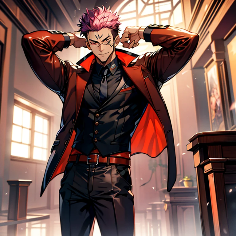 (masterpiece, best quality: 1.2), Solo, nsfw, male focus, 1boy, sukuna, tattoo_On_his_face, male, full bodyesbian, Red Leather jacket, Black Leather shirt, Leather pants, Leather waistcoat, Black Leather tie, Leather Glove, Bulging muscles, A pink-haired, cow boy shot, 8K, super detailing, hands in a pocket, tight leather suit, inside the house,