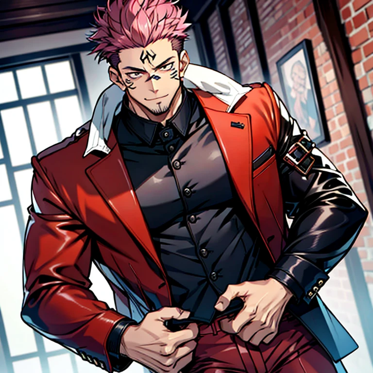 (masterpiece, best quality: 1.2), Solo, nsfw, male focus, 1boy, sukuna, tattoo_On_his_face, male, full bodyesbian, Red Leather jacket, Black Leather shirt, Leather pants, Leather waistcoat, Black Leather tie, Leather Glove, Bulging muscles, A pink-haired, cow boy shot, 8K, super detailing, hands in a pocket, tight leather suit, inside the house,