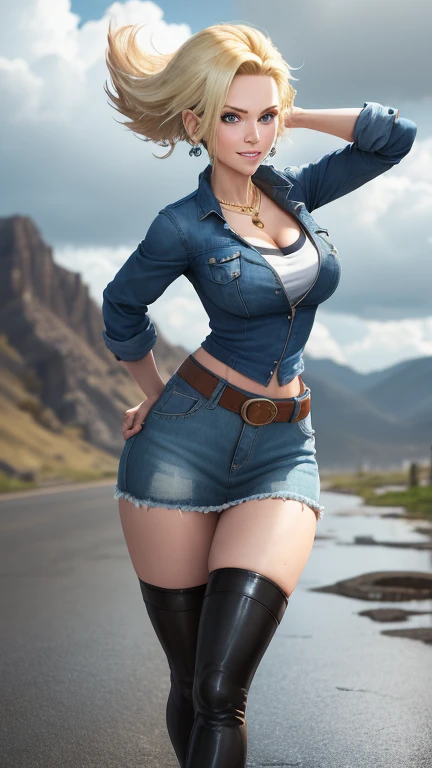 best quality, highres, and18, 1girl, android 18, solo girl, 1girl, blonde hair, blue eyes, belt, boots, tight blue demin skirt, gold_necklace, black shirt, short hair, long striped sleeves, earrings, open vest, denim vest, medium breasts, cowboy shot, mountains, straight-on, (weather: raining and windy), wet body, sexy smile, combat stance, full length pantyhose, battle ruins, wide hips, thick legs, torn clothes, closed fists, from behind,