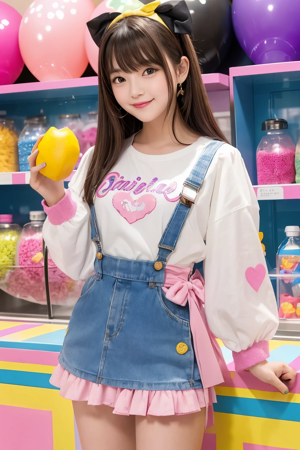 A young woman stands in front of a colorful pop background and smiles at the camera。The background is bright pink and yellow、Decorated in vibrant colors such as blue、Toys and candy、Bottles lined up。Balloons and stuffed toys、Colorful bottles are displayed in a lively manner.。

The woman has dark brown hair、The bangs are cut straight。The headband has a pink ribbon attached.、Some of the hair is dyed blue and pink.。Her expression is adorable、A light pink blush is applied to the cheeks.。

She is wearing a white short top、The top is printed with pink hearts and stars.。There is a small pink ribbon in the center of the top.。Her skirt is purple、The frills are layered with heart and star patterns.。The top of the skirt has a blue ribbon、The overall impression is pop and cute.。

The woman holds a yellow fruit in one hand.、The other hand is on the counter。The background is packed with lots of colorful details.、The overall atmosphere is bright and cheerful.。