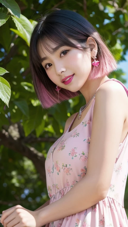 (8k, Photorealistic, Raw photo, Highest quality: 1.4),Japanese idol style1Beautiful girl of the person,18-year-old,hair,(Short Bob,silver :1.4),She has her hair tucked behind her ears,She has small earrings in her ears,Big, clear grey eyes,Long eyelashes,Plump Cheeks,(She is applying lipstick,(Pink :1.4)),Apply gloss over your lipstick for glossy, plump lips,Smiling,A short pendant is hanging around her neck.,両手の爪に淡いPinkのマニキュアを塗っている,Both toenails have red nail polish,(She is wearing a sleeveless floral dress,(Dark colored base :1.4),(Long length :1.2)),barefoot,Standing on the grass under a tree in the park,((Angle from below :1.4),Full body portrait)