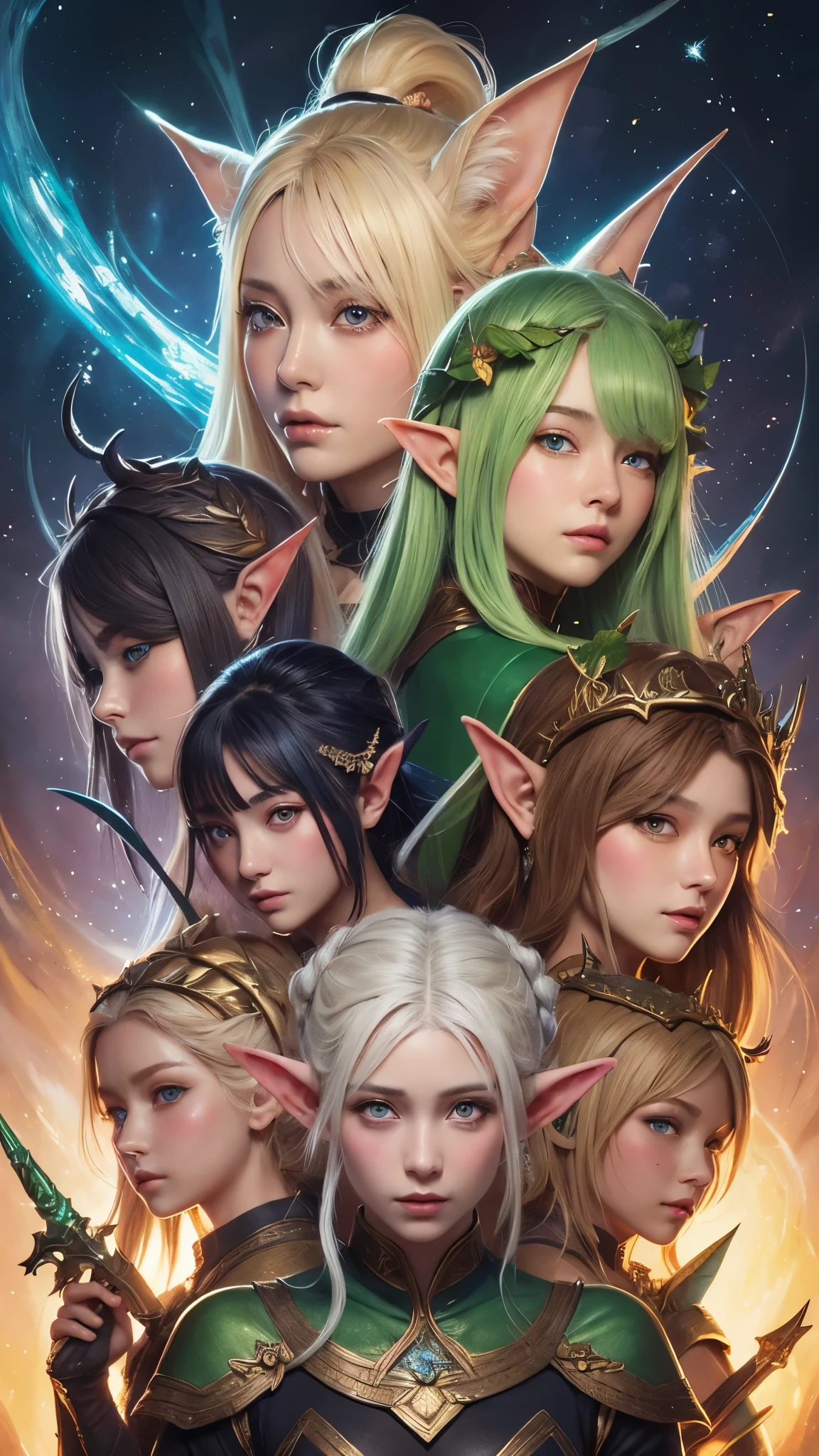 (((masterpiece))), highest quality, Depicting a group of beautiful female elves、Highly detailed gouache style painting portrait, Smooth Shadows, Ultra-realistic textures, 8k, highest quality, Characteristics of realistic manga, Stylized illustration, Smooth Shadows, Correct Anatomy, chromatic aberration, Neon Highlights, Global Warming Light, Dynamic pose, Expressive
