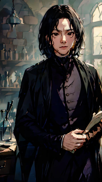 Severus snape, sitting at desk, writing on paper, open books on desk, looking at viewer, annoyed look, handsome, slight blush, potion bottles in background