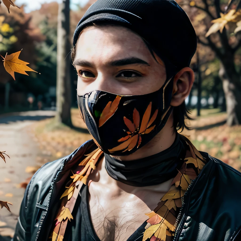 raw photo , 8K, ultra detailed, (realistic:1.2), (1man, ninja, mask:1.3), (dynamic:1.4), (autumn leaves:1.5),