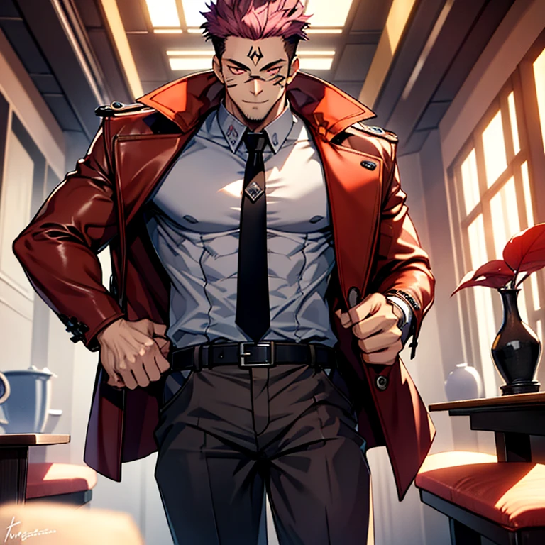 (masterpiece, best quality: 1.2), Solo, nsfw, male focus, 1boy, sukuna, tattoo_On_his_face, male, full bodyesbian, Red Leather jacket, Black Leather shirt, Leather pants, Leather waistcoat, Black Leather tie, Leather Glove, Bulging muscles, A pink-haired, cow boy shot, 8K, super detailing, hands in a pocket, tight leather suit, inside the house,