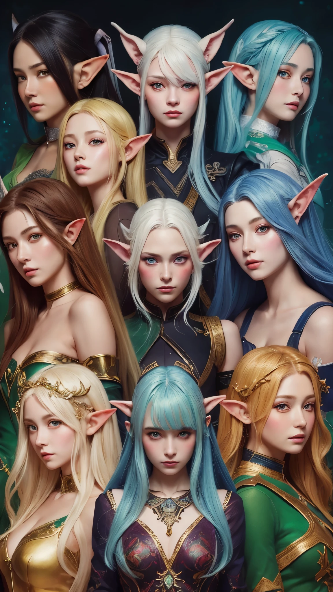 (((masterpiece))), highest quality, Depicting a group of beautiful female elves、Highly detailed gouache style painting portrait, Smooth Shadows, Ultra-realistic textures, 8k, highest quality, Characteristics of realistic manga, Stylized illustration, Smooth Shadows, Correct Anatomy, chromatic aberration, Neon Highlights, Global Warming Light, Dynamic pose, Expressive