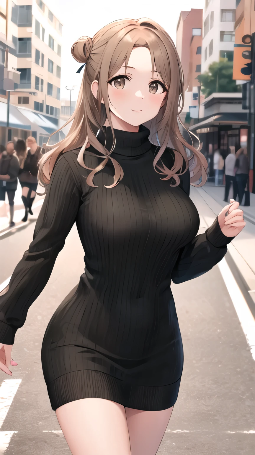 masterpiece, best quality, highres, hmhinana, long hair, single side bun, hair ribbon, cowboy shot, walking, street, turtleneck, virgin killer sweater, ribbed sweater, long sleeves,