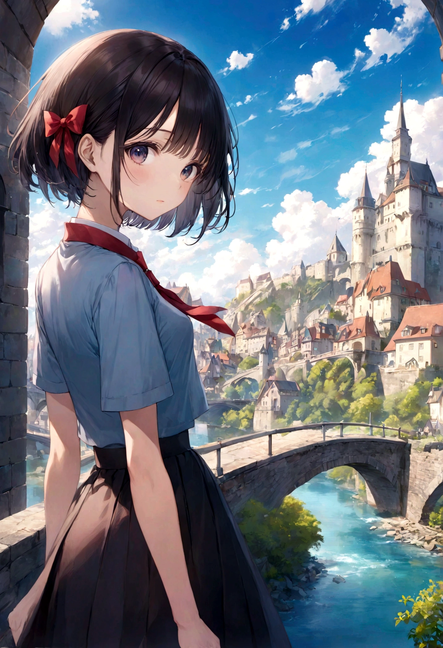 (masterpiece,up to date,exception:1.2), Japanese cartoons,1 Girl,Bangs,Black_hair, Beautiful 8K eyes,blue_sky空,bridge,architecture,castle,City,Cityscape,cloud,sky,skirt,Watching_exist_Viewer,outdoor,Red_tie,Red_Ribbon,Ribbon,river,short_hair,short_sleeve,sky空,sky空scraper,Solitary,permanent,town,wexister