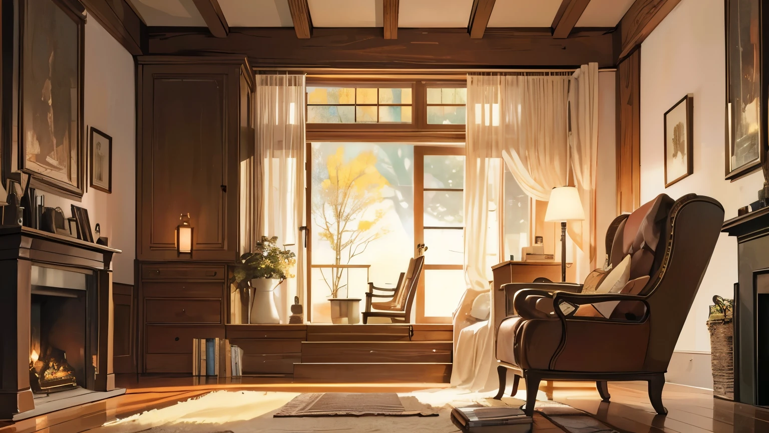 Create an illustration depicting a scene of relaxation in front of a warm fireplace. The genre is Cozy Fireplace LOFI. Describe the soft flame light of the one and only fireplace illuminating the room with warm tones. Depict a character sitting in a chair with a blanket or a hot beverage. Emphasize the overall calm, inviting atmosphere, and envision a relaxing evening.