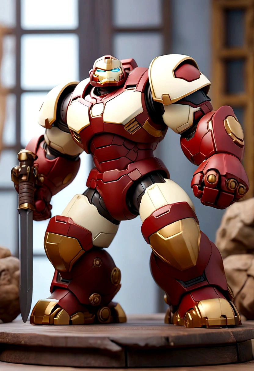 a small rusty white hulkbuster samurai  figure on the table, gold mecha accent, hero pose, bird eye view, holding a sword, dieter ram style