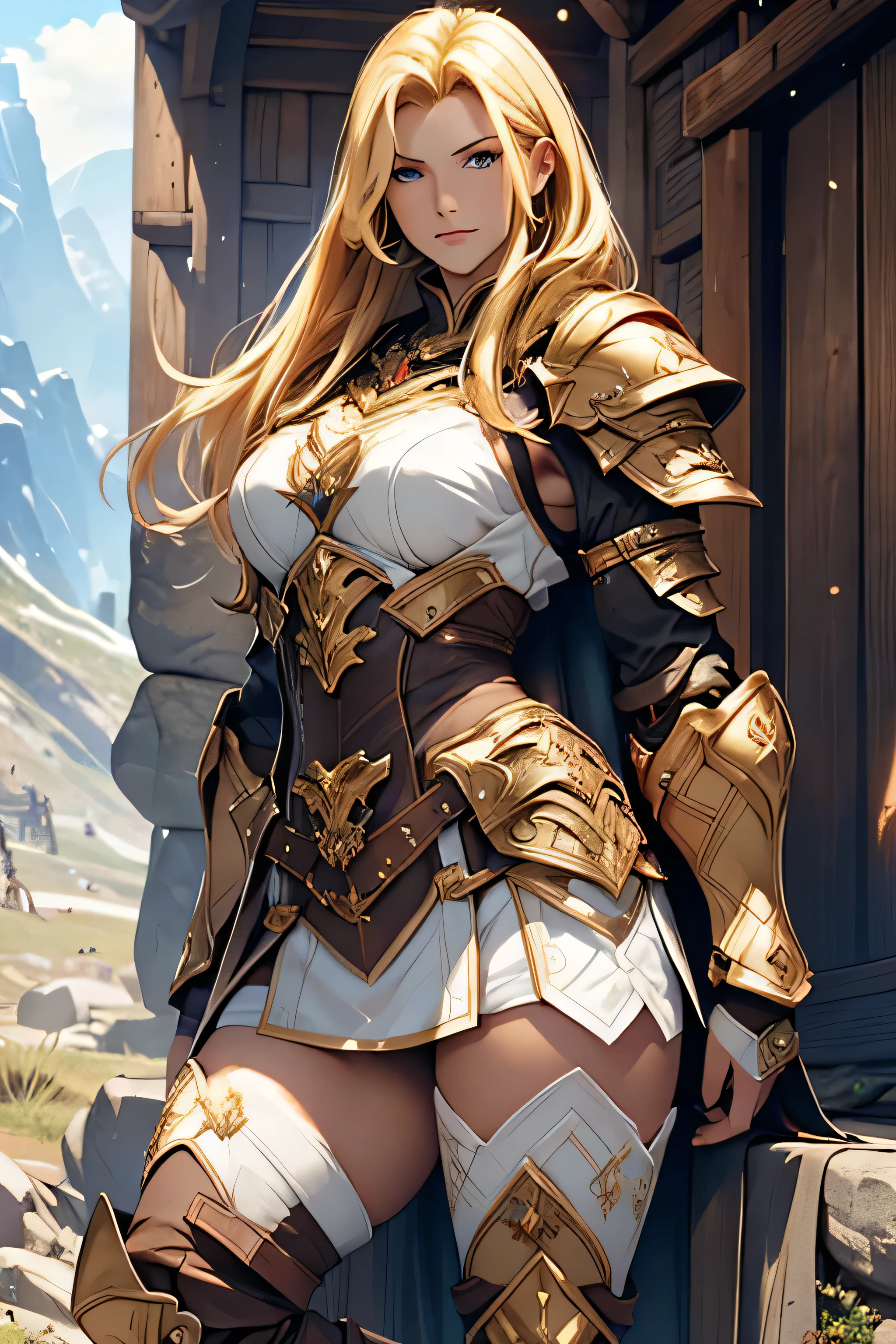 tmasterpiece，High-definition CG diagram，Beautiful female warrior，Detailed eyes and face，Tall figure，The blonde，Full armor attire，Extra-long boots，Wear knee-length boots，Over-the-knee stockings，Brilliant armor colors，General temperament，Tall figure，Wide buttock，Thick legs，A majestic sight，on the mountains, rock