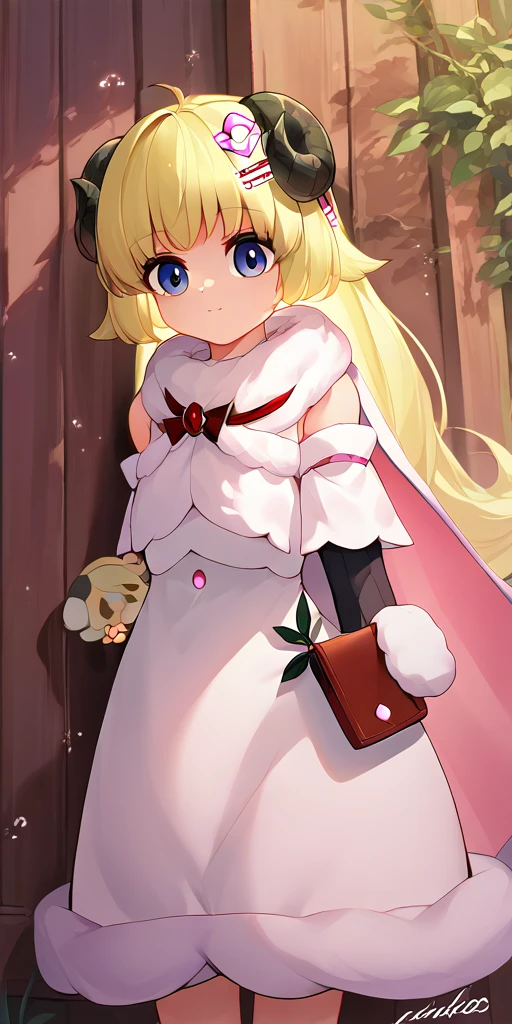 score_9, score_8_up, score_7_up, source_anime, 1girl, chibi WatameBase, very long hair, hairclip, fur-trimmed dress, short dress, red bowtie, detached sleeves, pouch, fur-trimmed cape, pink cape