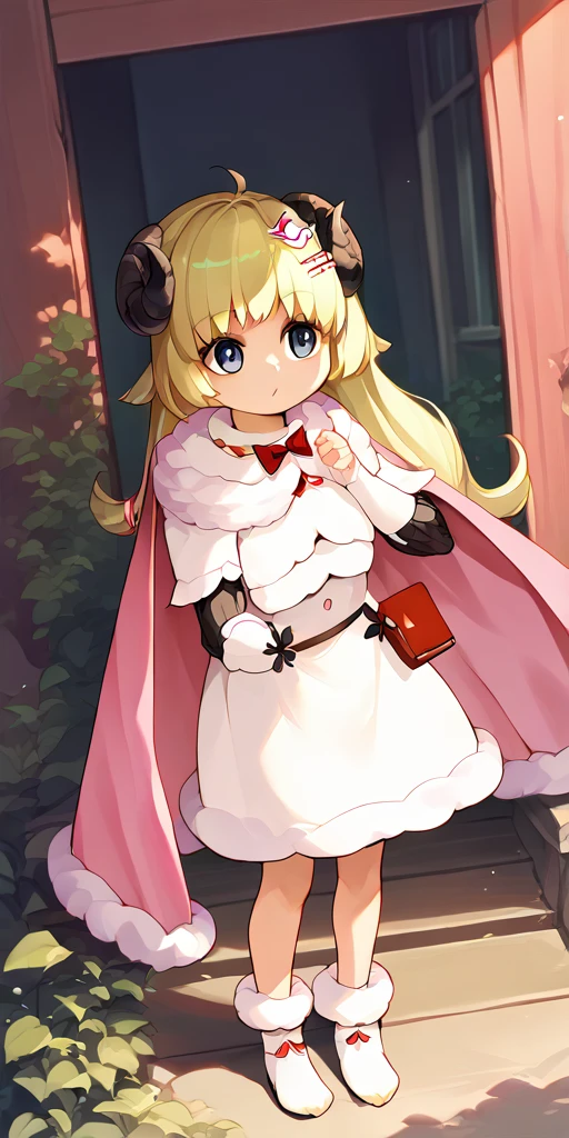 score_9, score_8_up, score_7_up, source_anime, 1girl, chibi WatameBase, very long hair, hairclip, fur-trimmed dress, short dress, red bowtie, detached sleeves, pouch, fur-trimmed cape, pink cape