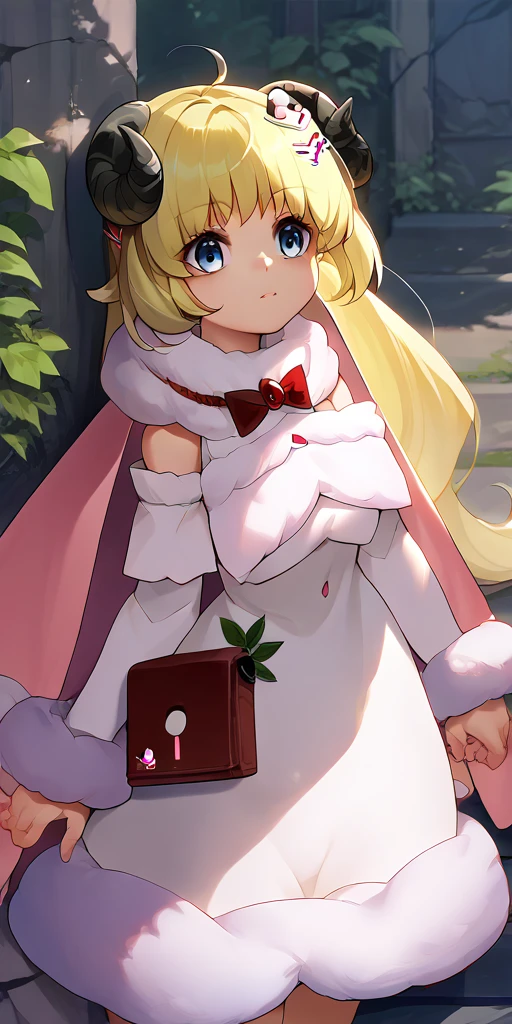 score_9, score_8_up, score_7_up, source_anime, 1girl, chibi WatameBase, very long hair, hairclip, fur-trimmed dress, short dress, red bowtie, detached sleeves, pouch, fur-trimmed cape, pink cape