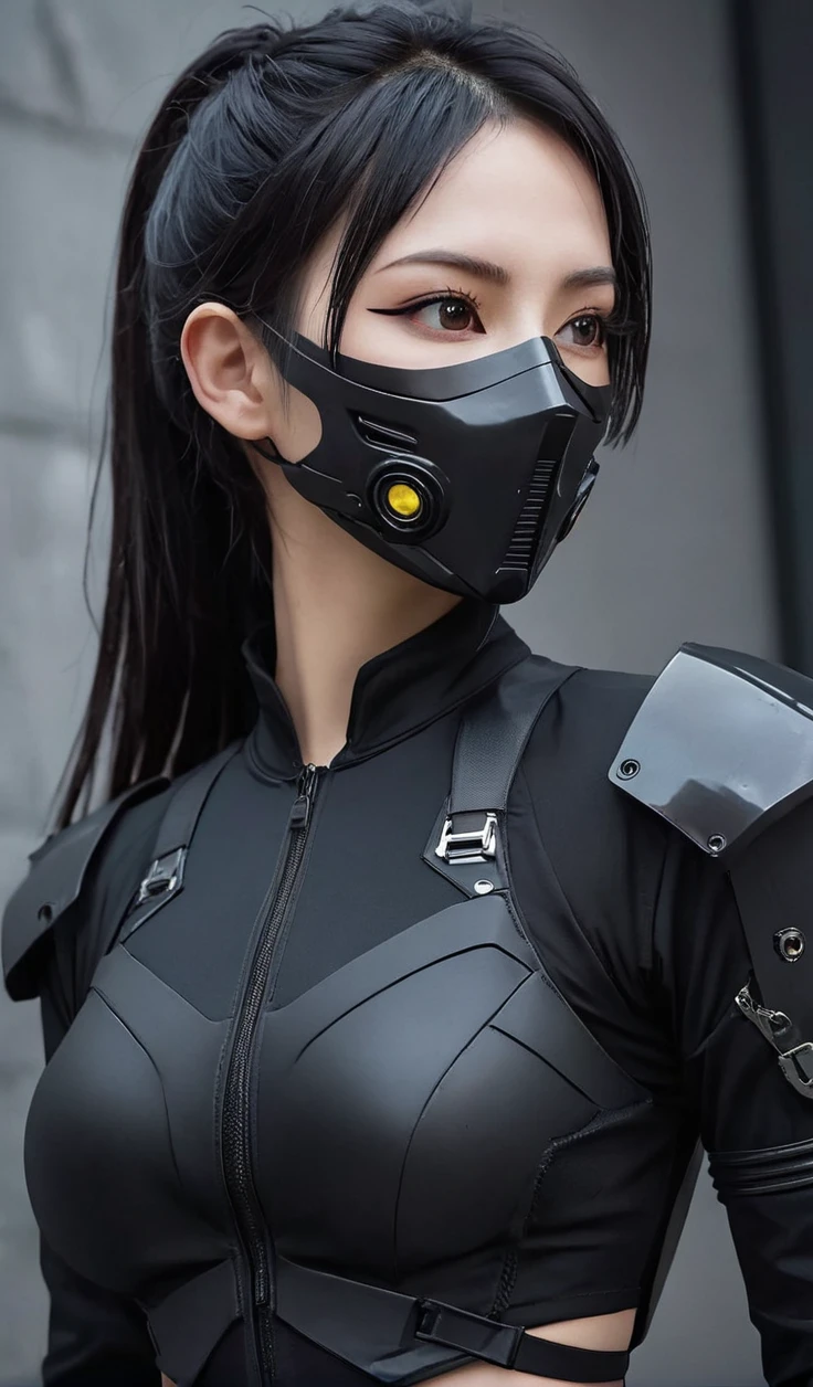 Woman in black with mask and all black cyberpunk clothes, wearing tech outfit and armor, photo of a woman in tech gear, dark sci-fi outfit, cyberpunk outfit, female assassin, futuristic tech costume, cyberpunk fashion clothes, jet black hair cyberpunk girl, cyberpunk clothes, cyberpunk outfit, tech fashion, in dark and light space soldier costume