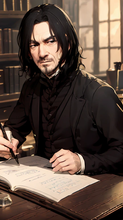 Severus snape, sitting at desk, writing on paper, open books on desk, looking at viewer, annoyed look, handsome, slight blush, potion bottles in background