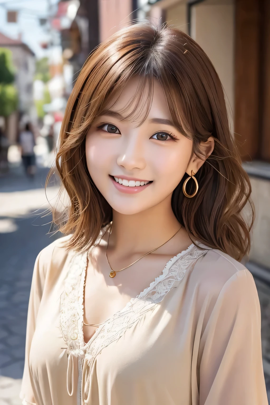 20Beautiful young woman of the year、 Korean women、Light brown hair、Wavy Hair、short hair、ear piercing、Necklace around the neck、blouse、smile, Beautiful teeth alignment、Intricate details, Very detailed:1.2), 、 Looking into the camera,The background is the town