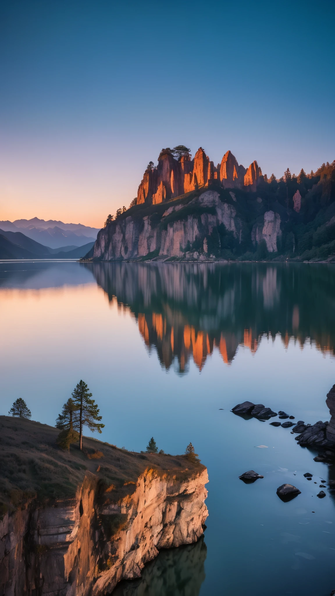 Photos that capture the essence of the magical world of dreams. A magnificent and legendary cliff jutting out over a beautiful lake, Surreal and vibrant colors illuminate the reflection.. The atmosphere is otherworldly, The soft evening light casts a fantastic shadow. This image exudes depth and mystery., It's as if the viewer is transported to another dimension., Create beautiful and memorable compositions. Shot with Canon EosIII Zeiss 120mm wide