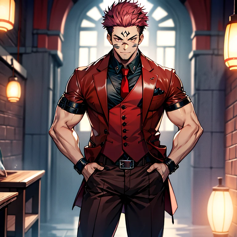 (masterpiece, best quality: 1.2), Solo, nsfw, male focus, 1boy, sukuna, tattoo_On_his_face, male, full bodyesbian, Red Leather jacket, Black Leather shirt, Leather pants, red Leather waistcoat, red Leather tie, Leather Gloves, Bulging muscles, A pink-haired, cow boy shot, 8K, super detailing, hands in pockets, bulging cock, tight leather suit, inside the house,