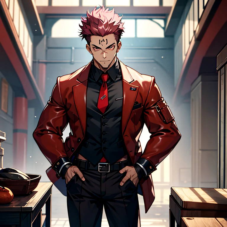 (masterpiece, best quality: 1.2), Solo, nsfw, male focus, 1boy, sukuna, tattoo_On_his_face, male, full bodyesbian, Red Leather jacket, Black Leather shirt, Leather pants, red Leather waistcoat, red Leather tie, Leather Gloves, Bulging muscles, A pink-haired, cow boy shot, 8K, super detailing, hands in pockets, bulging cock, tight leather suit, inside the house,