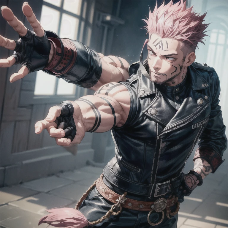 (masterpiece, best quality:1.2), cowboy shot, 1boy, sukuna, leather fingerless gloves, tattoo_on_his_face, manly, full body, biker, pink hair, intricate details, utra detailed, black leather, muscular mature male, eye focus, biker jacket, anatomically correct,