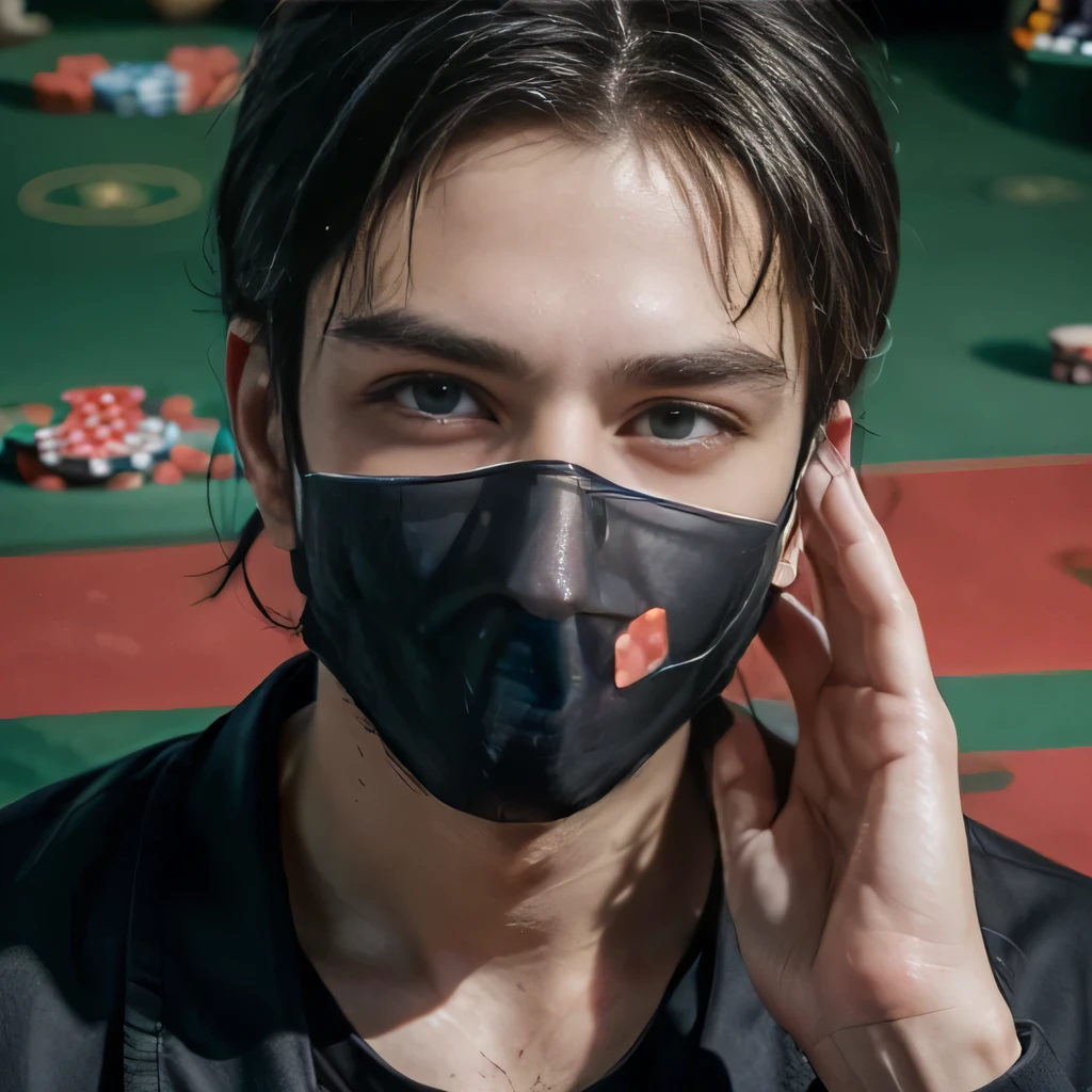 raw photo , 8K, ultra detailed, (realistic:1.2), (1man, ninja, mask:1.3), (piece sign:1.2), (casino:1.4),