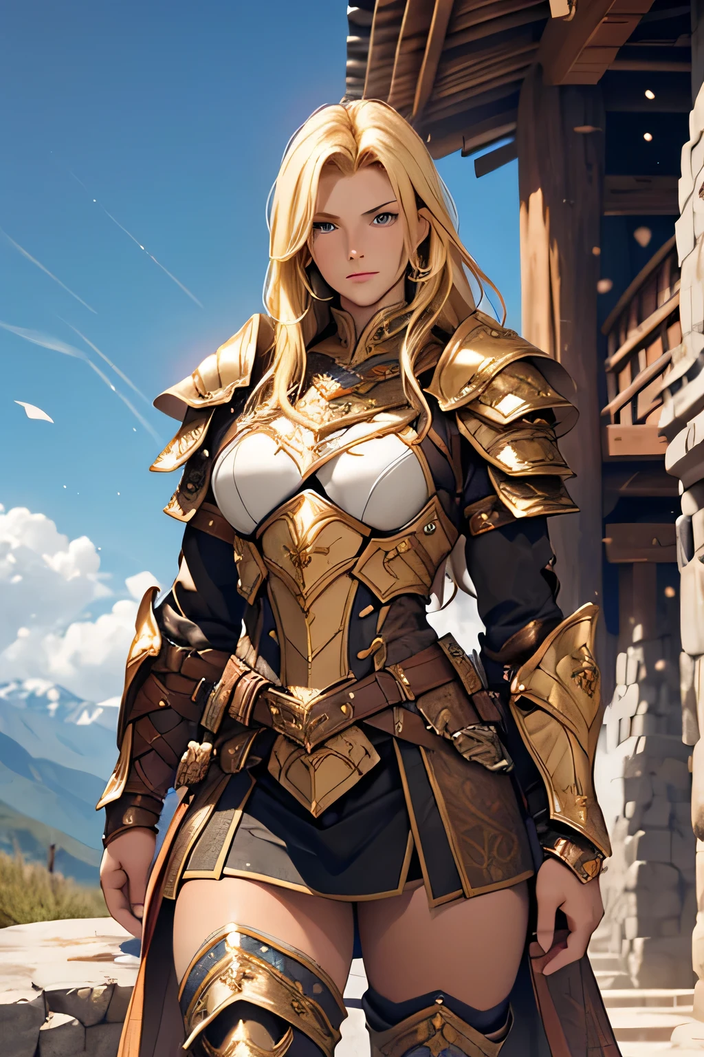 tmasterpiece，High-definition CG diagram，Beautiful female warrior，Detailed eyes and face，Tall figure，The blonde，Full armor attire，Extra-long boots，Wear knee-length boots，Over-the-knee stockings，Brilliant armor colors，General temperament，Tall figure，Wide buttock，Thick legs，A majestic sight，on the mountains, rock