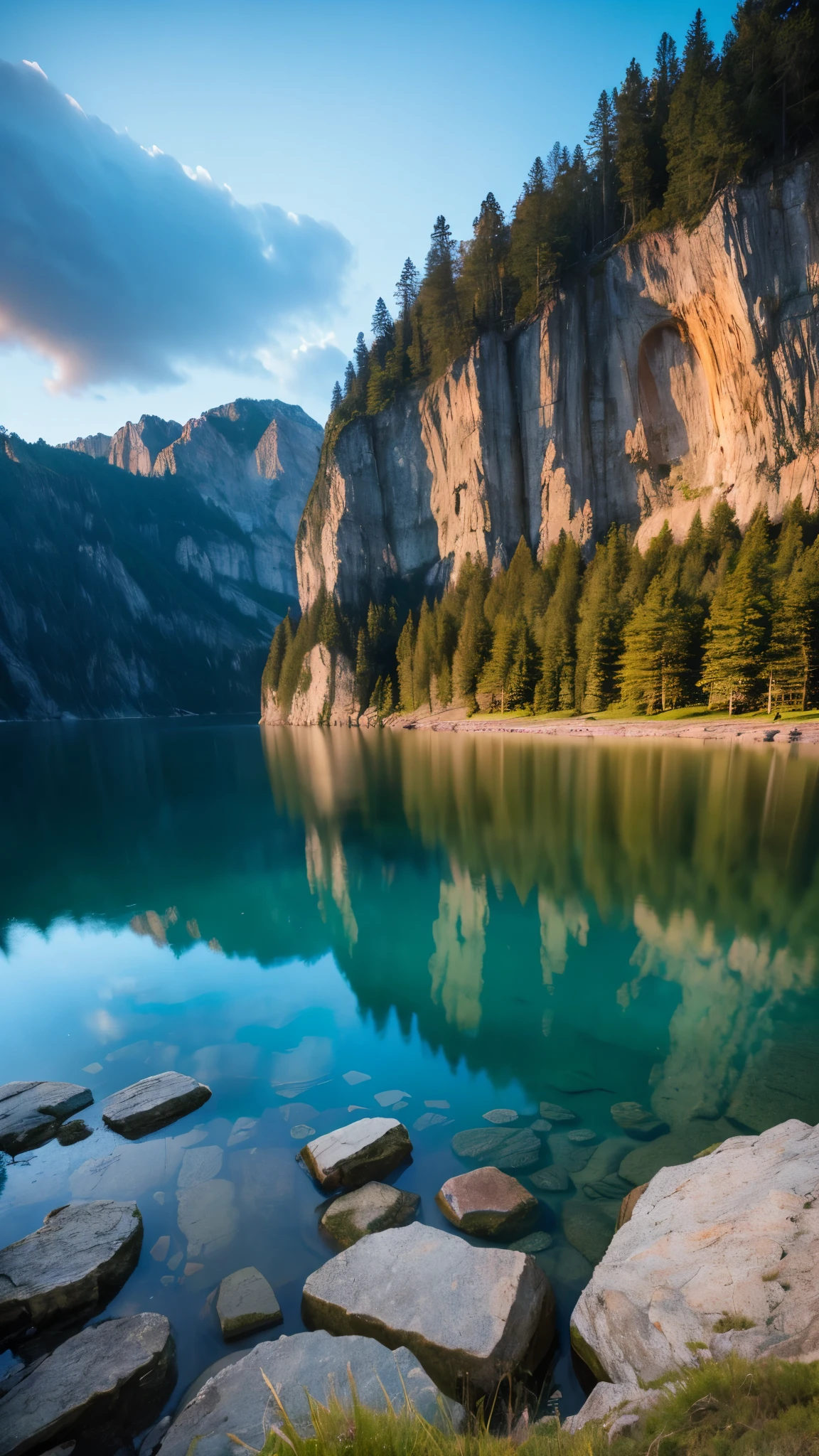 Photos that capture the essence of the magical world of dreams. A magnificent and legendary cliff jutting out over a beautiful lake, Surreal and vibrant colors illuminate the reflection.. The atmosphere is otherworldly, The soft evening light casts a fantastic shadow. This image exudes depth and mystery., It&#39;s as if the viewer is transported to another dimension., Create beautiful and memorable compositions. Shot with Canon EosIII Zeiss 120mm wide