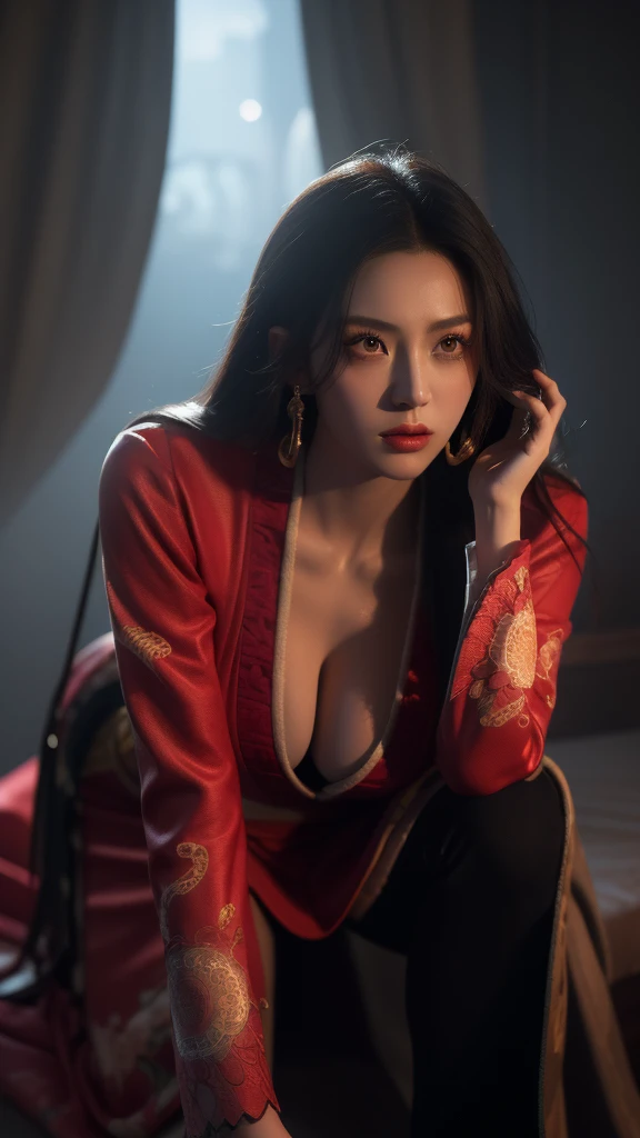 a young female taoist, beautiful detailed face, long flowing hair, european features, big breasts, cleavage, up hips, fullbody, intricate detailed robes, traditional taoist clothing, dramatic lighting, cinematic composition, fantasy art, portrait, vibrant colors, rich textures, photorealistic, 8k, best quality