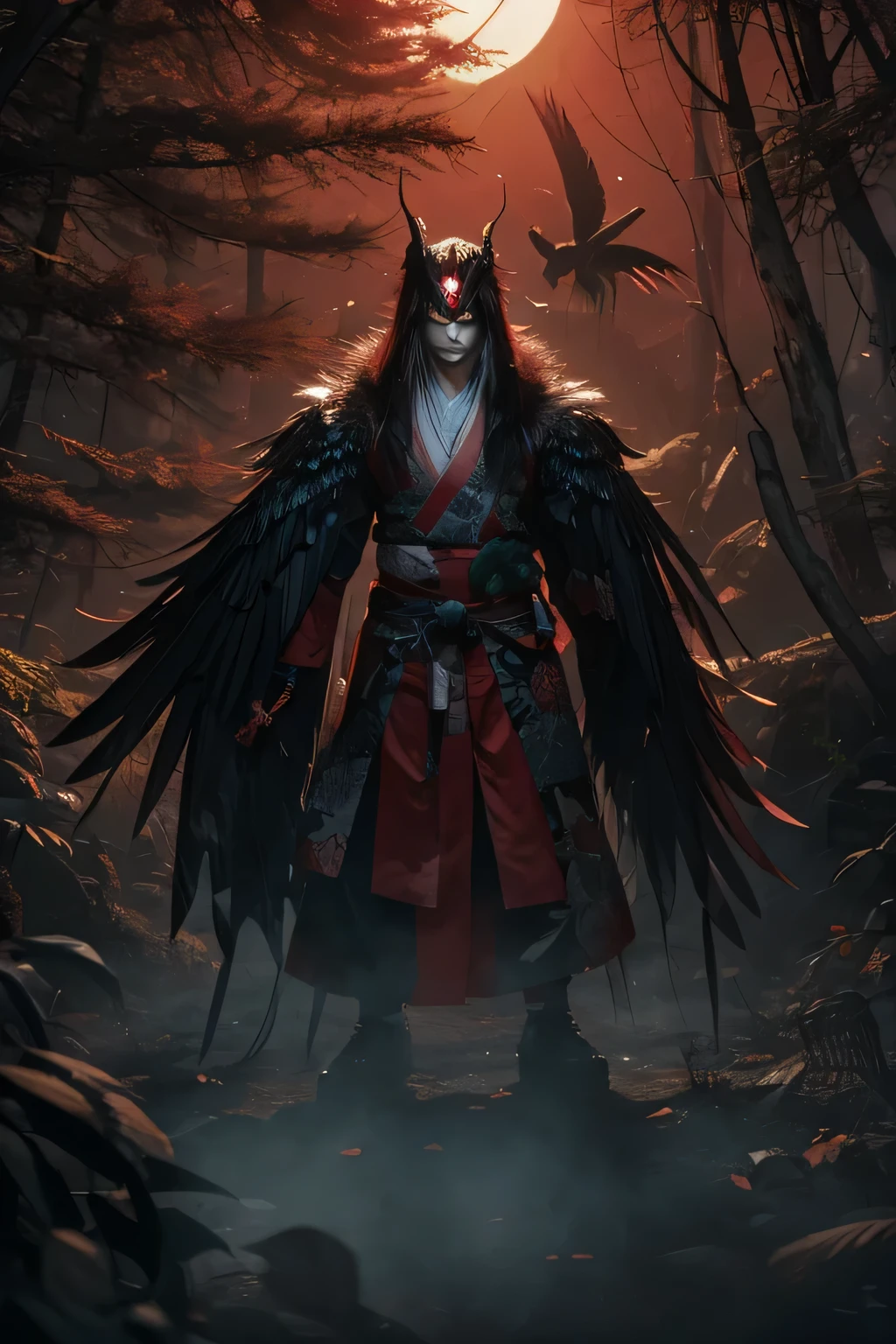 Japanese Yokai/Big Tengu/Genuine/Horror/In the dark forest/Black wings