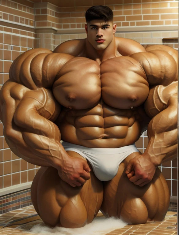 1boy, giant, model shoot style, staring, illuminating light, golden hour, outdoor, strong body, bulk, large size, standing, in the bath room with brick tile, white triangular underwear, prominent bulge, big, brutalmass, giant, muscular body, bulk, massive body, large meaty body size