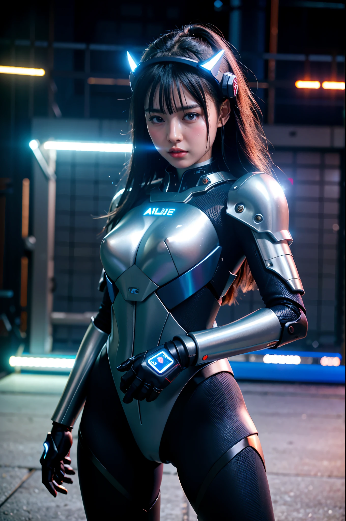 (RAW quality:1.4), Wide-angle shot, 1 female, Mecha, Sparkling blue eyes, , Japanese, Very cute face, (Realistic:1.37), /imagine prompt: cyberpunk, police girl, armor, futuristic, neon lights, high-tech, edgy, sleek, dynamic pose, urban backdrop, reflections, metal textures, glowing visor, powerful stance, sci-fi, dramatic shadows, intense colors, high contrast, street style, badass, fierce, stylish, beauty, cybernetic enhancements