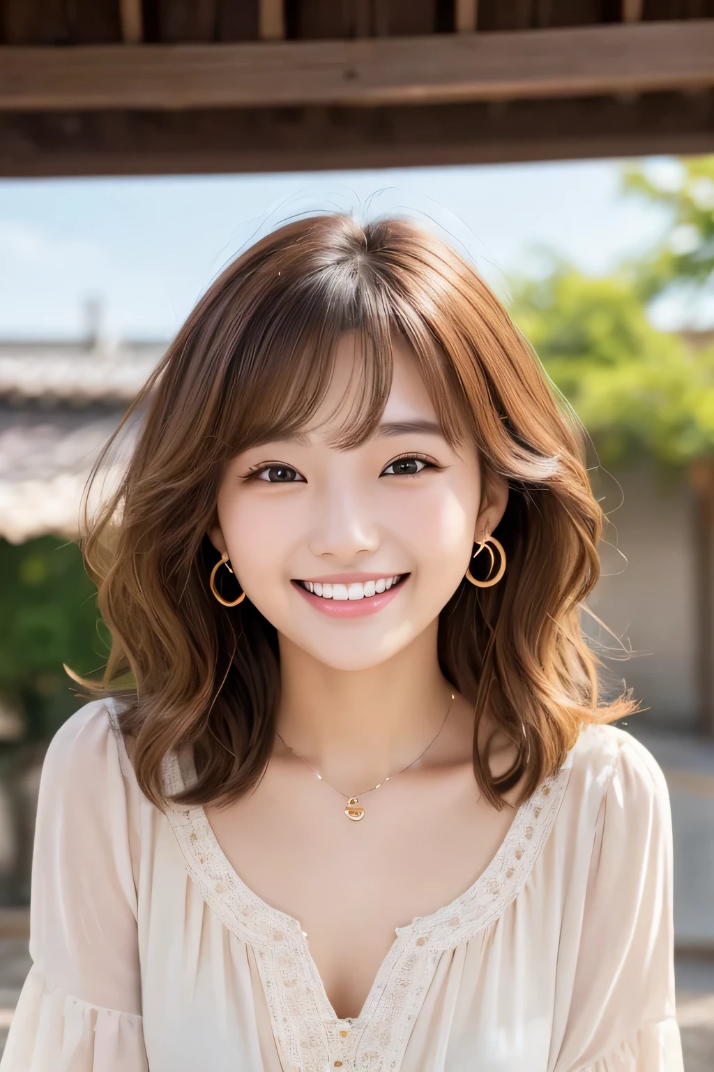 Beautiful young woman、 Korean women、Light brown hair、Wavy Hair、short hair、ear piercing、Necklace around the neck、blouse、smile、Laughing with your mouth open、Beautiful teeth alignment、Intricate details, Very detailed:1.2), 、 Looking into the camera,The background is the town