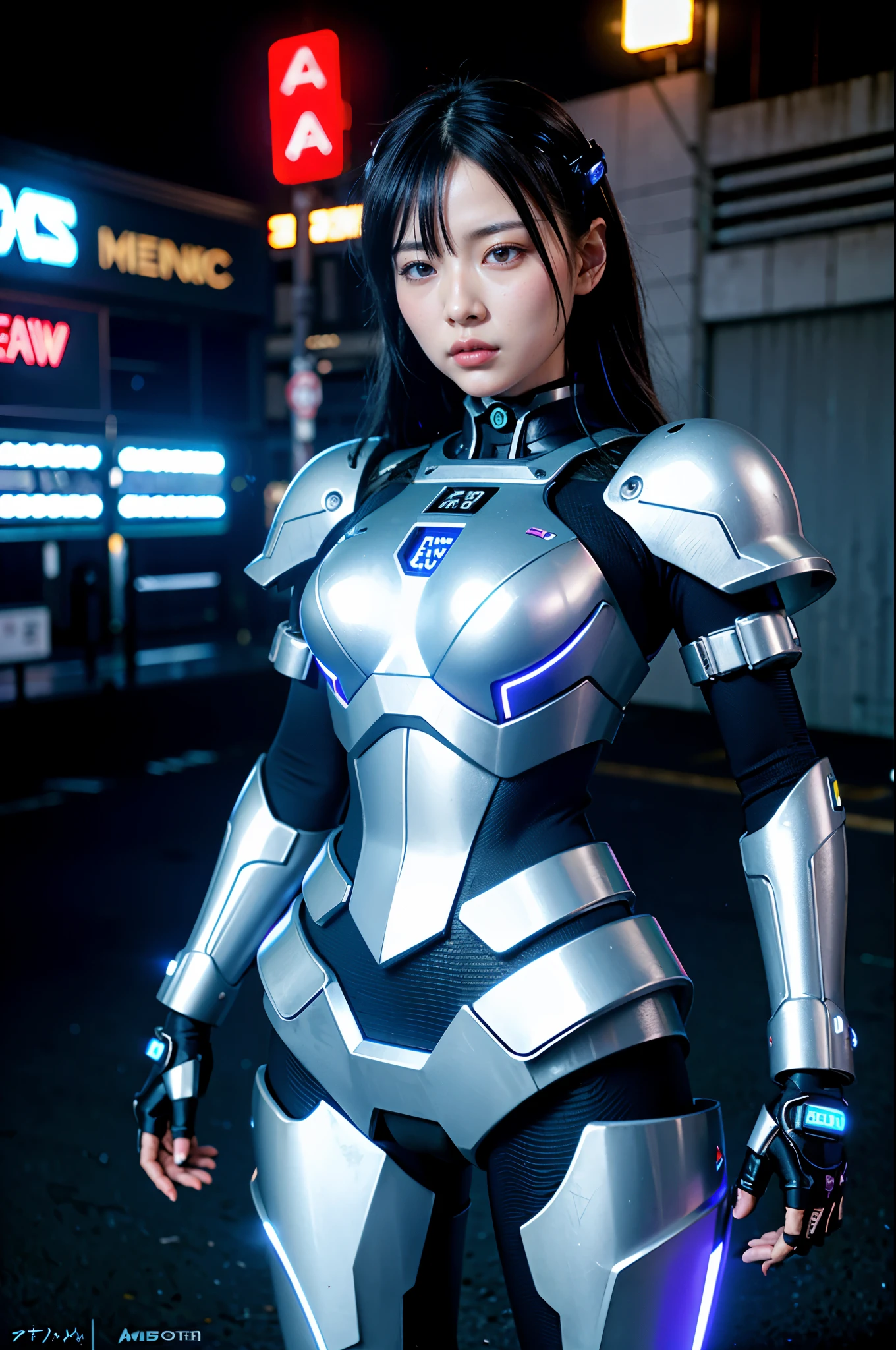 (RAW quality:1.4), Wide-angle shot, 1 female, Mecha, Sparkling blue eyes, 15 years old, Japanese, Very cute face, (Realistic:1.37), /imagine prompt: cyberpunk, police girl, armor, futuristic, neon lights, high-tech, edgy, sleek, dynamic pose, urban backdrop, reflections, metal textures, glowing visor, powerful stance, sci-fi, dramatic shadows, intense colors, high contrast, street style, badass, fierce, stylish, beauty, cybernetic enhancements 