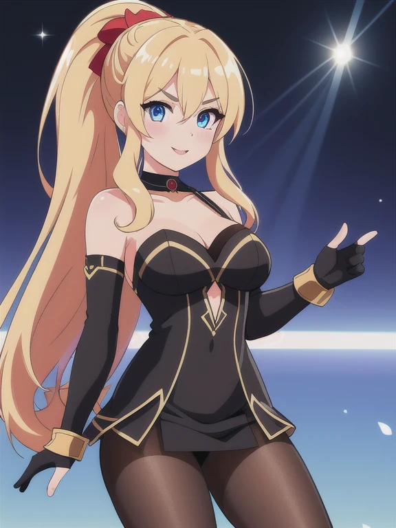 (best quality:1.2), intricate, absurdres, highest-quality, extremely-detailed, masterpiece, 8k UHD, 4k HDR, (Detailed face:1.2), (Detailed eyes:1.2), (Perfect figure:1.2), absurdres, solo,1girl, smile, looking at viewer, blonde hair, blue eyes, ultra long hair, ponytail, v-shaped eyebrows, red sweater, fingerless gloves, black shiny tights, choker, illustration, detailed background, soft lighting, vibrant colors, blurred foreground, subtle shadows, daytime ambiance, lens flare, expressive eyes, lively atmosphere, joyful expression, impeccable makeup, glossy lips, twinkling eyes, sunlit scene, whimsical feeling, standing,
