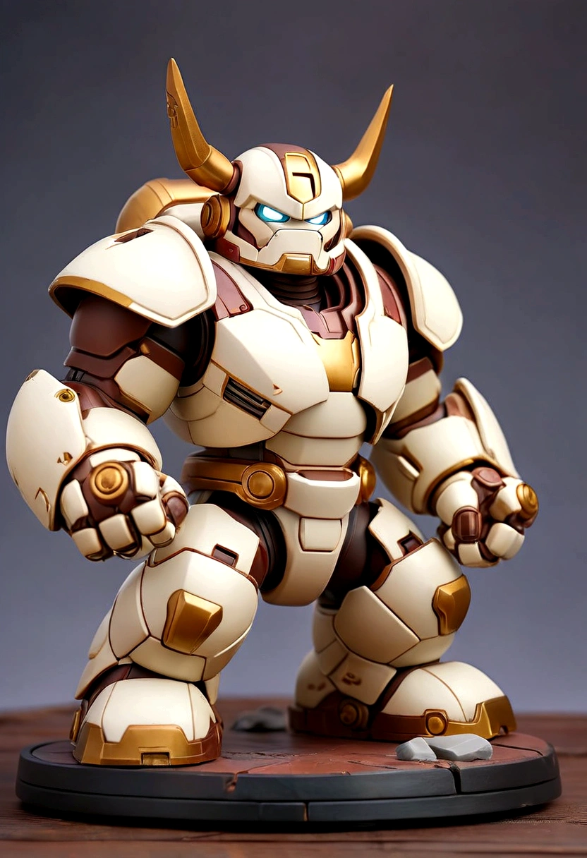 a small rusty old white hulkbuster samurai figure on the table, gold mecha accent, hero pose, bird eye view, holding a sword, dieter ram style