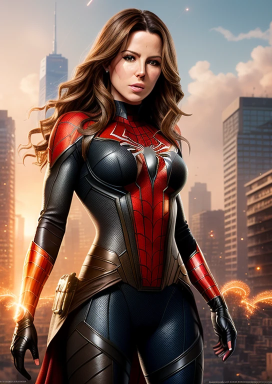 Kate Beckinsale in detailed brown Spider-Man costume, large breasts, superhero pose, standing in ruined city at sunset, hyperdetailed, smoke, sparks, sunbeams, (8k), realistic, symmetrical, award-winning, cinematic lightning, soaked, film, 75mm, scratches, full body shot, close-up, torn and dirty clothes, detailed face,