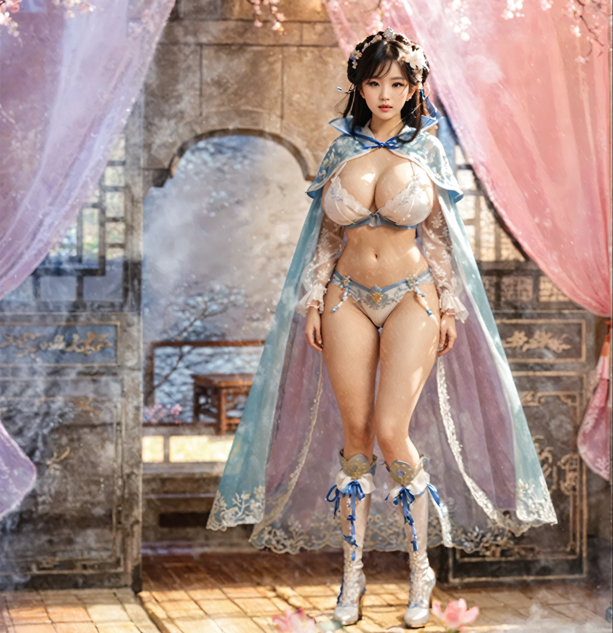 Woman wearing sexy lingerie and cape, full body xianxia, Beautiful fantasy queen, She exhibits sexual arousal and intense desire，sex hunger，Strong sexual desire，Transparent blue and white lace underwear，Transparent clothes，High-cut bra，Huge breasts， Hino Rei plays the princess, guweiz masterpiece, barbie wearing white boots，Rich details throughout the fuselage, girl wearing hanfu, Popular on CGSTATION