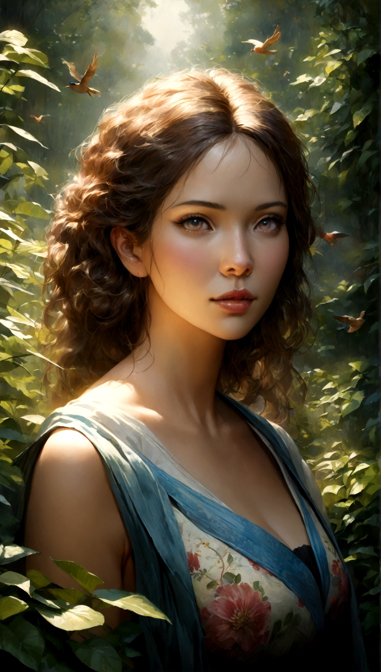 A beautiful girl in a Japanese manga-style garden, detailed sketch, watercolor painting, 1girl, beautiful detailed eyes, beautiful detailed lips, extremely detailed eyes and face, long eyelashes, intricate floral patterns, vibrant colors, lush greenery, birds in flight, soft lighting, (best quality,4k,8k,highres,masterpiece:1.2),ultra-detailed,(realistic,photorealistic,photo-realistic:1.37),cinematic composition,delicate brushstrokes,vivid colors,magical realism
