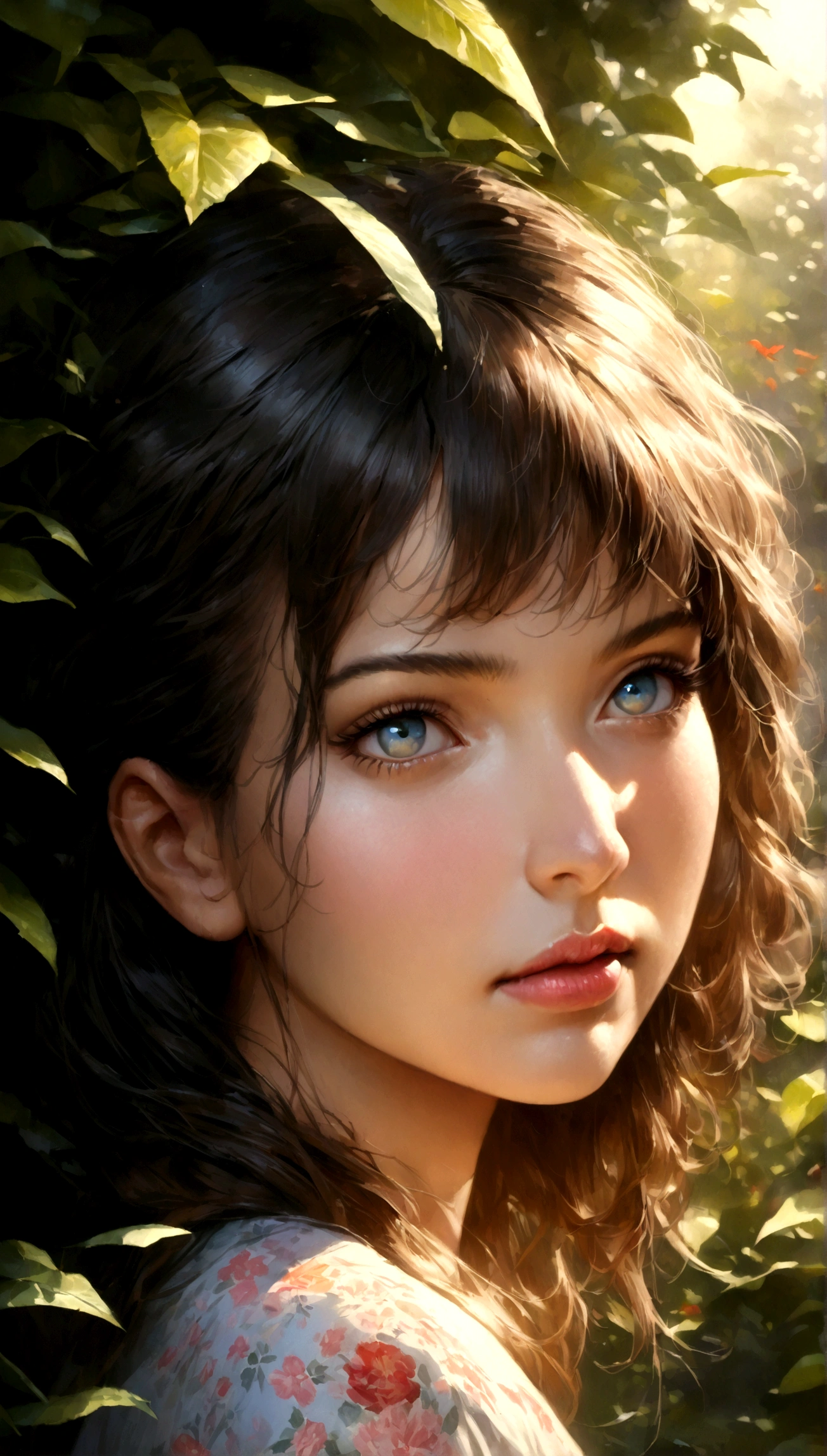 A beautiful girl in a Japanese manga-style garden, detailed sketch, watercolor painting, 1girl, beautiful detailed eyes, beautiful detailed lips, extremely detailed eyes and face, long eyelashes, intricate floral patterns, vibrant colors, lush greenery, birds in flight, soft lighting, (best quality,4k,8k,highres,masterpiece:1.2),ultra-detailed,(realistic,photorealistic,photo-realistic:1.37),cinematic composition,delicate brushstrokes,vivid colors,magical realism