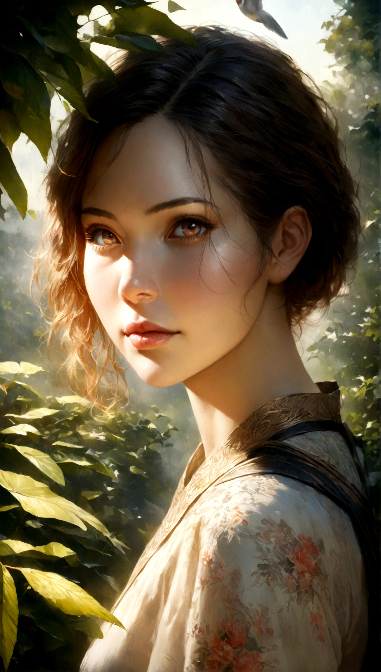 A beautiful girl in a Japanese manga-style garden, detailed sketch, watercolor painting, 1girl, beautiful detailed eyes, beautiful detailed lips, extremely detailed eyes and face, long eyelashes, intricate floral patterns, vibrant colors, lush greenery, birds in flight, soft lighting, (best quality,4k,8k,highres,masterpiece:1.2),ultra-detailed,(realistic,photorealistic,photo-realistic:1.37),cinematic composition,delicate brushstrokes,vivid colors,magical realism