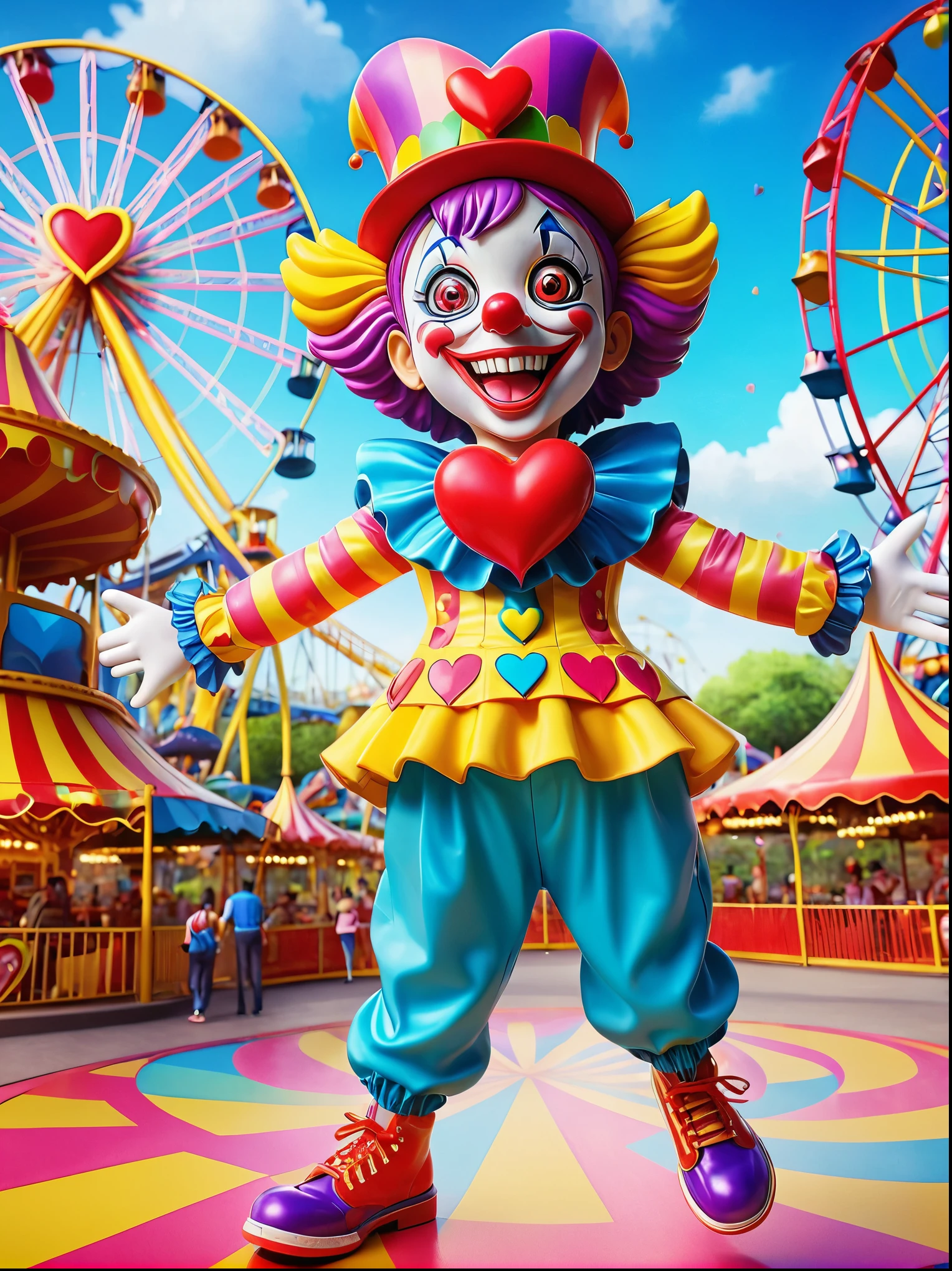 1girl,solo,clown,Grinning,big eyes,sparkling,fit,Wearing chaotic and brightly colored clothing,Wearing a fancy hat with a heart symbol,Baggy pants,Wearing an oversized pair of shoes,Vivid expression of excitement,Open your arms,(Amusement park lively background),full-body shot,Cartoon Style,Created with C4D and Blender,precise,Blind box toy style,Super Detail,Anatomically correct,masterpiece